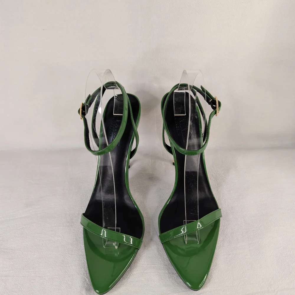 I AM FEMME Emerald Green Patent Stiletto Sandals Gold Heel Motivational Sole 8.5